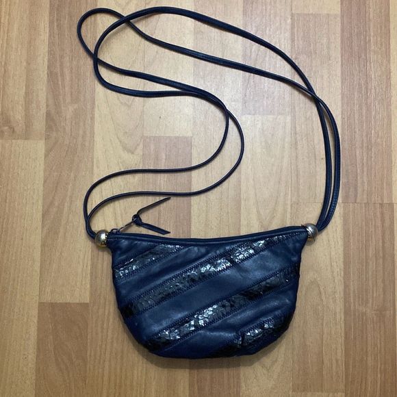 Vintage Ronay Purple Leather & Black Snakeskin Crossbody Bag Purse - Picture 1 of 7